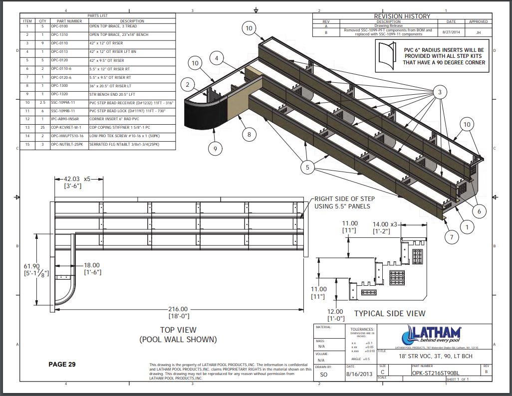 18' Straight Step Polymer 90 Deg. 3-Tread 6" Radius w/ Left Bench